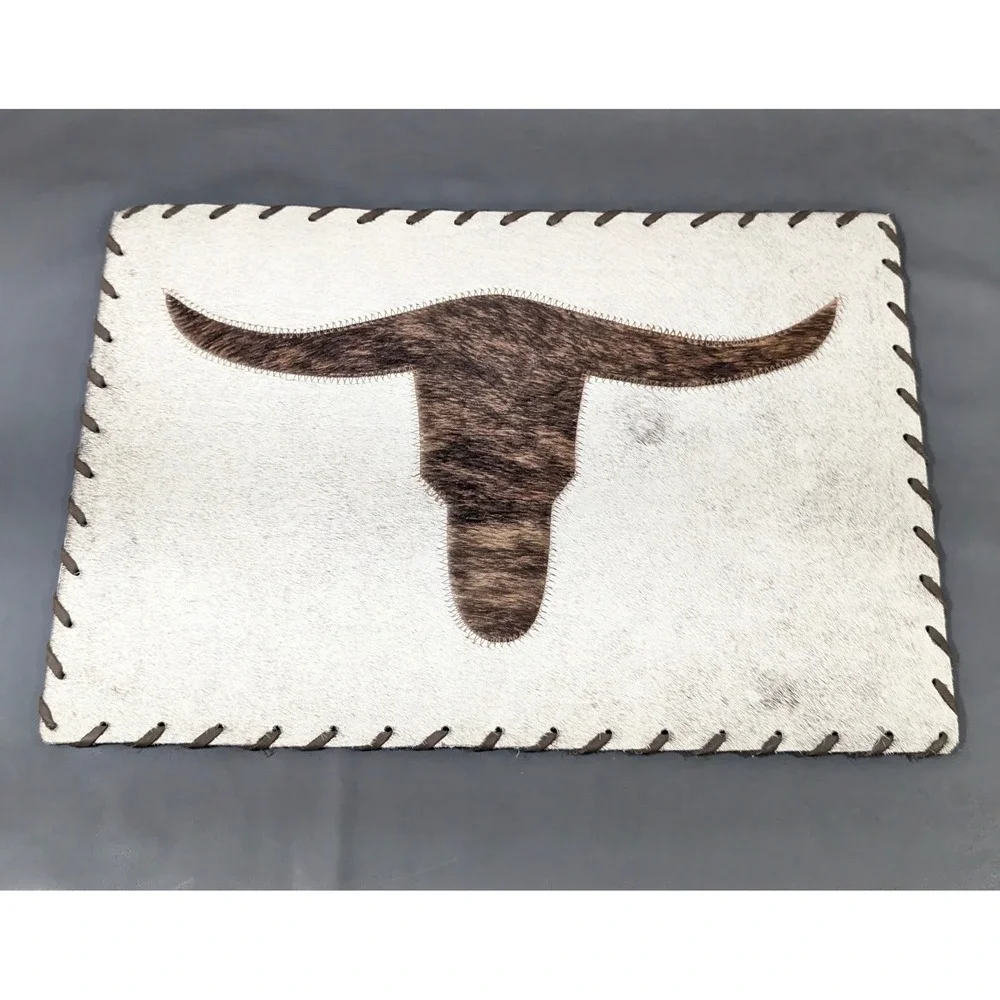 Western Cowhide Longhorn Placemat 17x12 Whipstitch Rustic Decor NEW